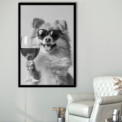 Pomeranian Drinking Wine Framed Art Print Wall Decor, Black and White, Pomeranian Bar Cart Print, Kitchen Decor