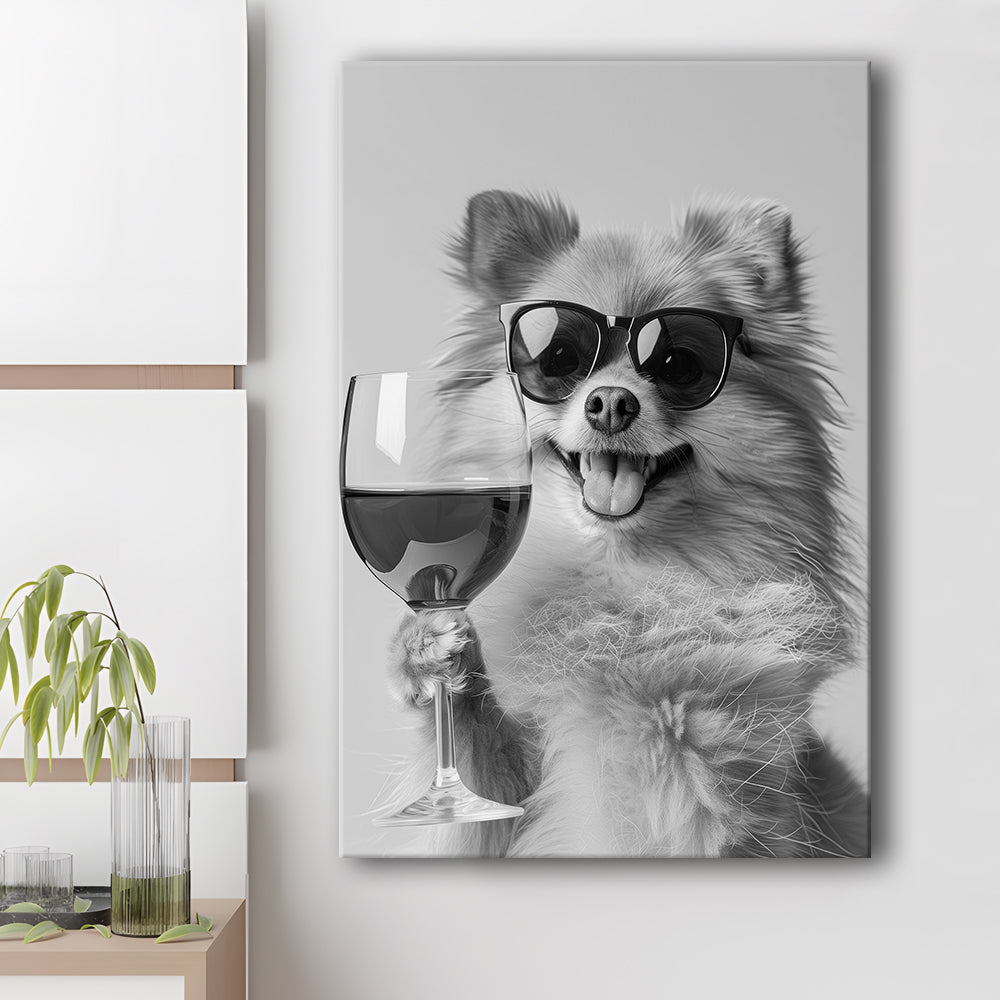 Pomeranian Drinking Wine Canvas Print Wall Art, Black and White, Pomeranian Bar Cart Print, Bar Decor, Kitchen Decor