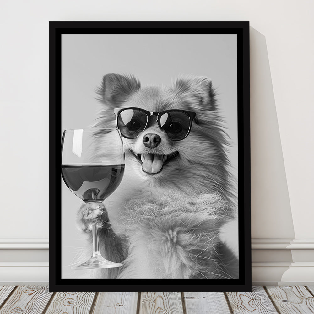 Pomeranian Drinking Wine Framed Canvas Print Wall Art, Black and White, Pomeranian Bar Cart Print, Kitchen Decor