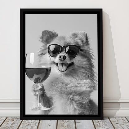 Pomeranian Drinking Wine Framed Canvas Print Wall Art, Black and White, Pomeranian Bar Cart Print, Kitchen Decor