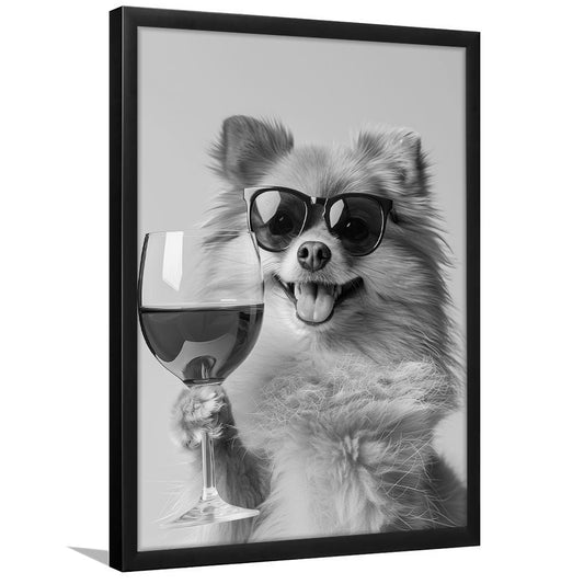 Pomeranian Drinking Wine Framed Art Print Wall Decor, Black and White, Pomeranian Bar Cart Print, Kitchen Decor