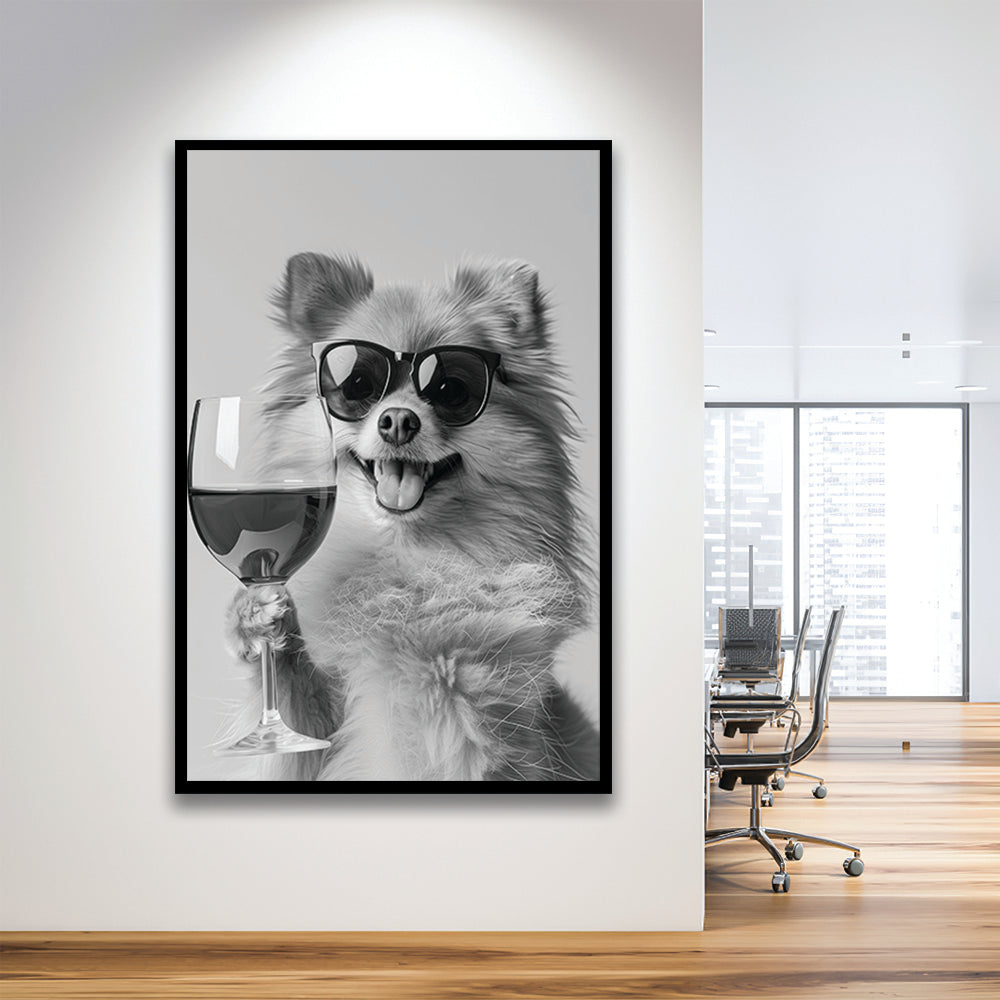 Pomeranian Drinking Wine Framed Art Print Wall Decor, Black and White, Pomeranian Bar Cart Print, Kitchen Decor