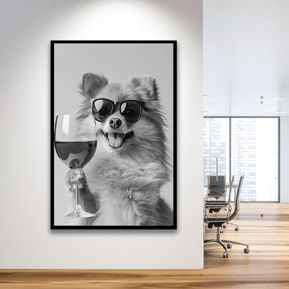 Pomeranian Drinking Wine Framed Art Print Wall Decor, Black and White, Pomeranian Bar Cart Print, Kitchen Decor