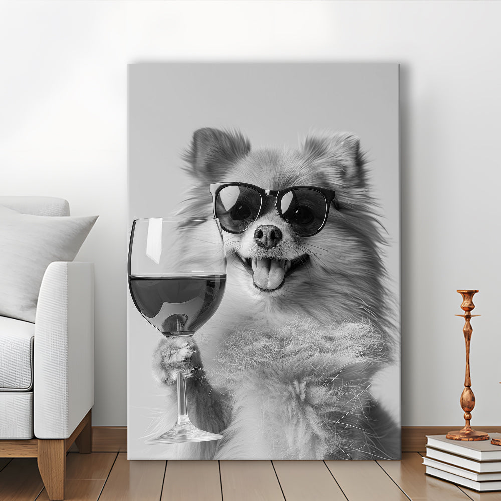 Pomeranian Drinking Wine Canvas Print Wall Art, Black and White, Pomeranian Bar Cart Print, Bar Decor, Kitchen Decor
