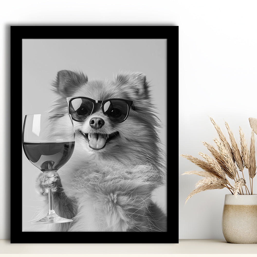 Pomeranian Drinking Wine Framed Art Print Wall Decor, Black and White, Pomeranian Bar Cart Print, Kitchen Decor