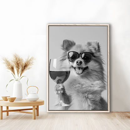Pomeranian Drinking Wine Framed Canvas Print Wall Art, Black and White, Pomeranian Bar Cart Print, Kitchen Decor