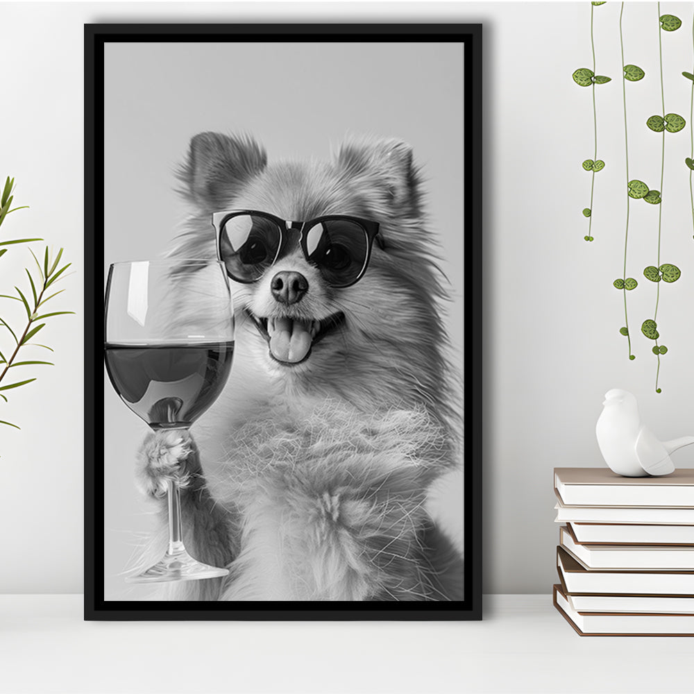 Pomeranian Drinking Wine Framed Canvas Print Wall Art, Black and White, Pomeranian Bar Cart Print, Kitchen Decor