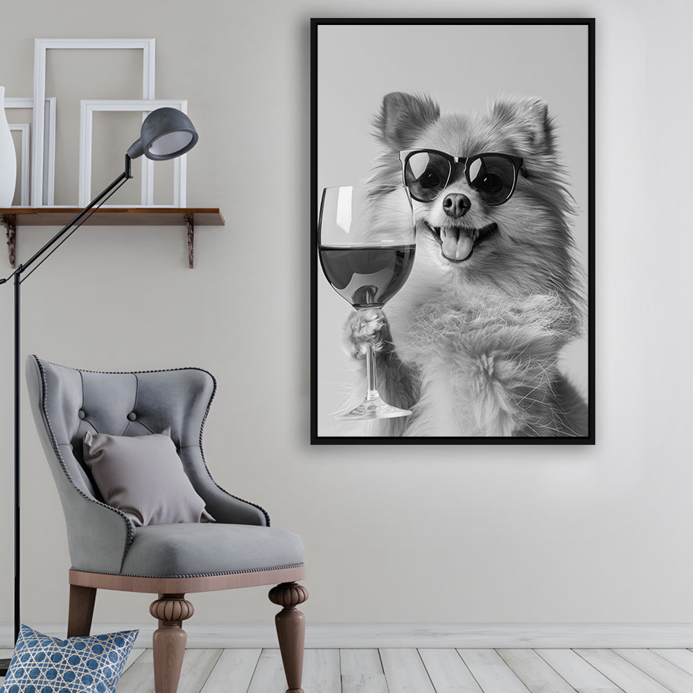 Pomeranian Drinking Wine Framed Canvas Print Wall Art, Black and White, Pomeranian Bar Cart Print, Kitchen Decor