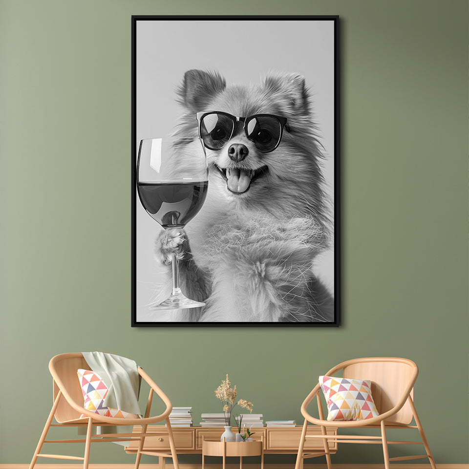 Pomeranian Drinking Wine Framed Canvas Print Wall Art, Black and White, Pomeranian Bar Cart Print, Kitchen Decor