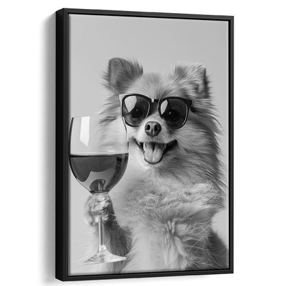 Pomeranian Drinking Wine Framed Canvas Print Wall Art, Black and White, Pomeranian Bar Cart Print, Kitchen Decor