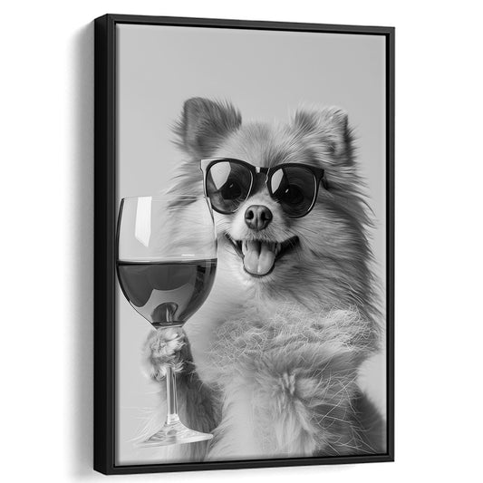 Pomeranian Drinking Wine Framed Canvas Print Wall Art, Black and White, Pomeranian Bar Cart Print, Kitchen Decor