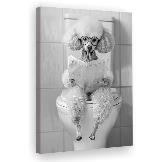 Poodle Sitting On Toilet Canvas Print Wall Art, Dog Reading Newspaper, Black and White, Pet Art, Bathroom Wall Decor