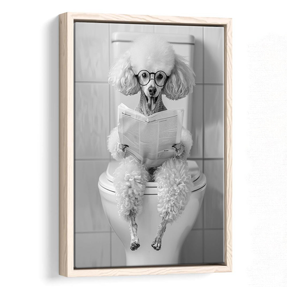 Poodle Sitting On Toilet Framed Canvas Print Wall Art, Dog Reading Newspaper, Black and White, Pet Art, Bathroom Wall Decor