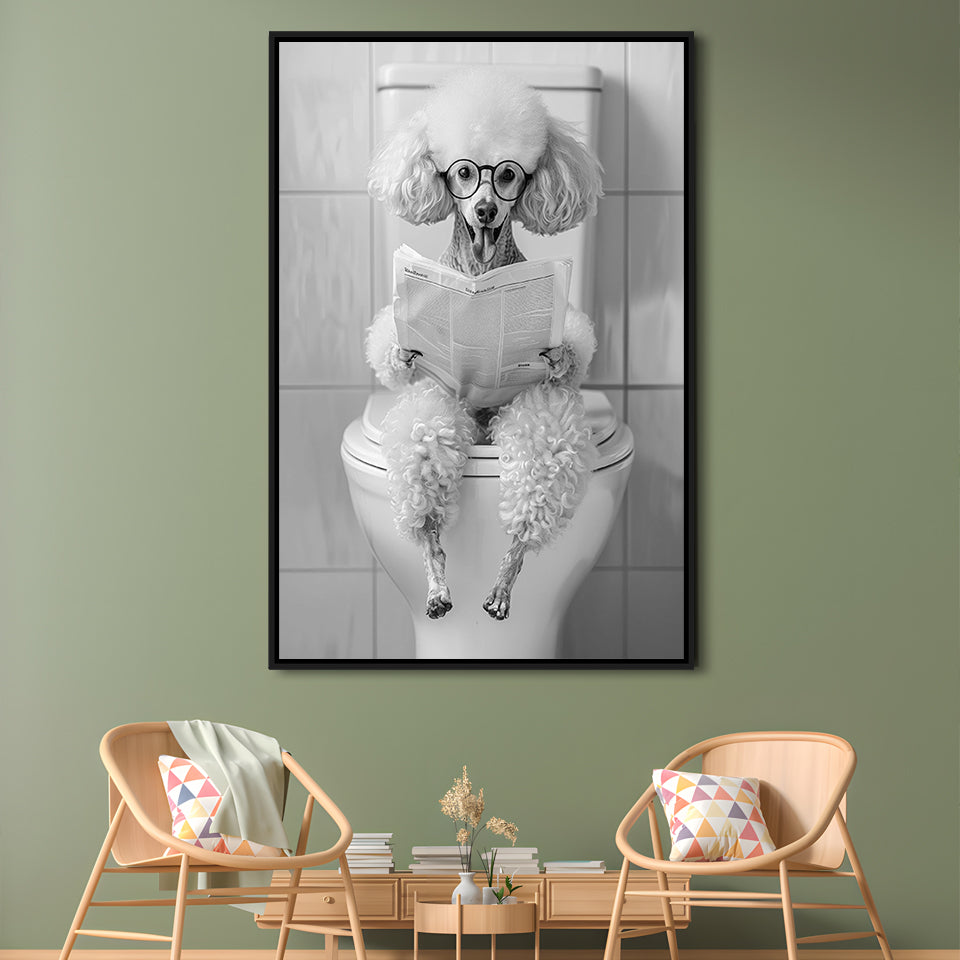 Poodle Sitting On Toilet Framed Canvas Print Wall Art, Dog Reading Newspaper, Black and White, Pet Art, Bathroom Wall Decor