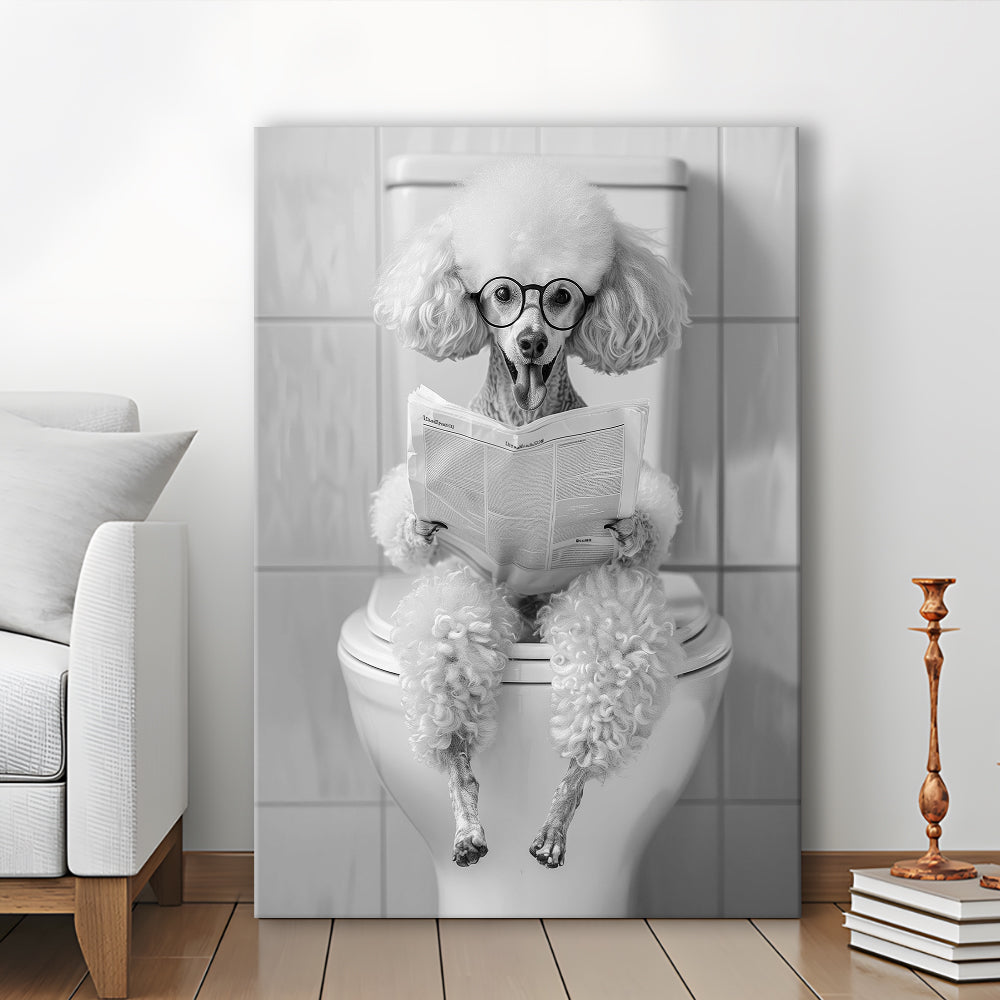 Poodle Sitting On Toilet Canvas Print Wall Art, Dog Reading Newspaper, Black and White, Pet Art, Bathroom Wall Decor