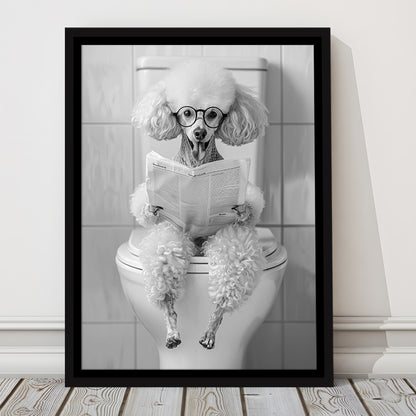 Poodle Sitting On Toilet Framed Canvas Print Wall Art, Dog Reading Newspaper, Black and White, Pet Art, Bathroom Wall Decor