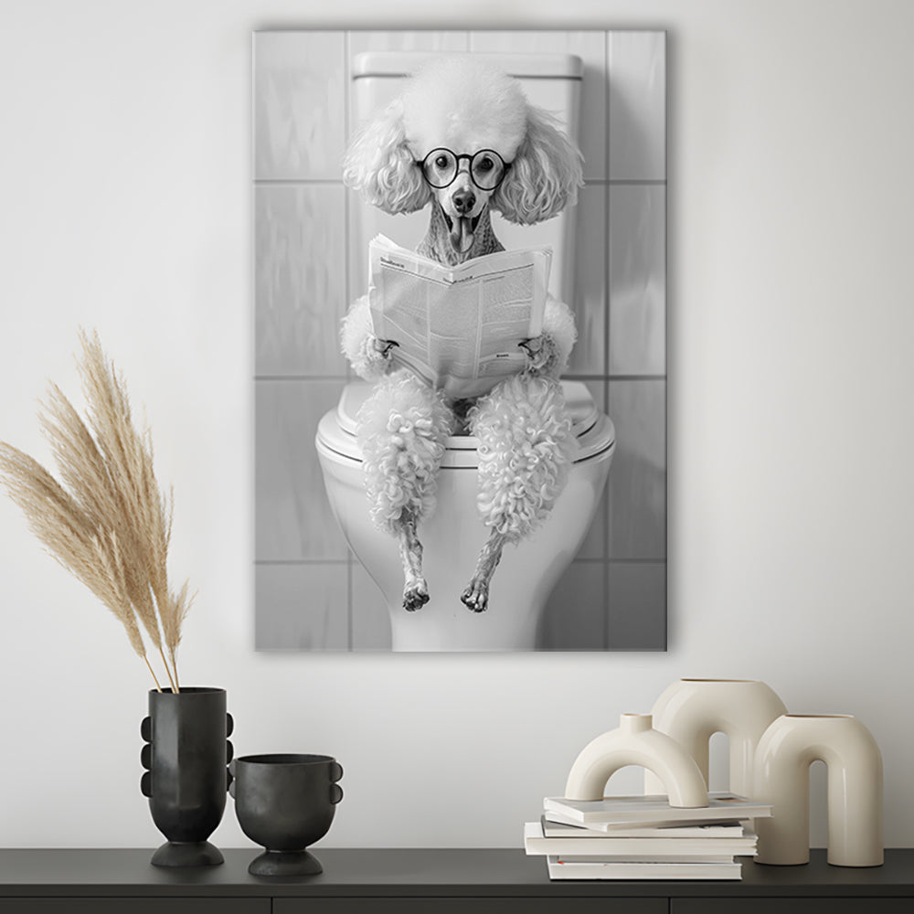 Poodle Sitting On Toilet Canvas Print Wall Art, Dog Reading Newspaper, Black and White, Pet Art, Bathroom Wall Decor