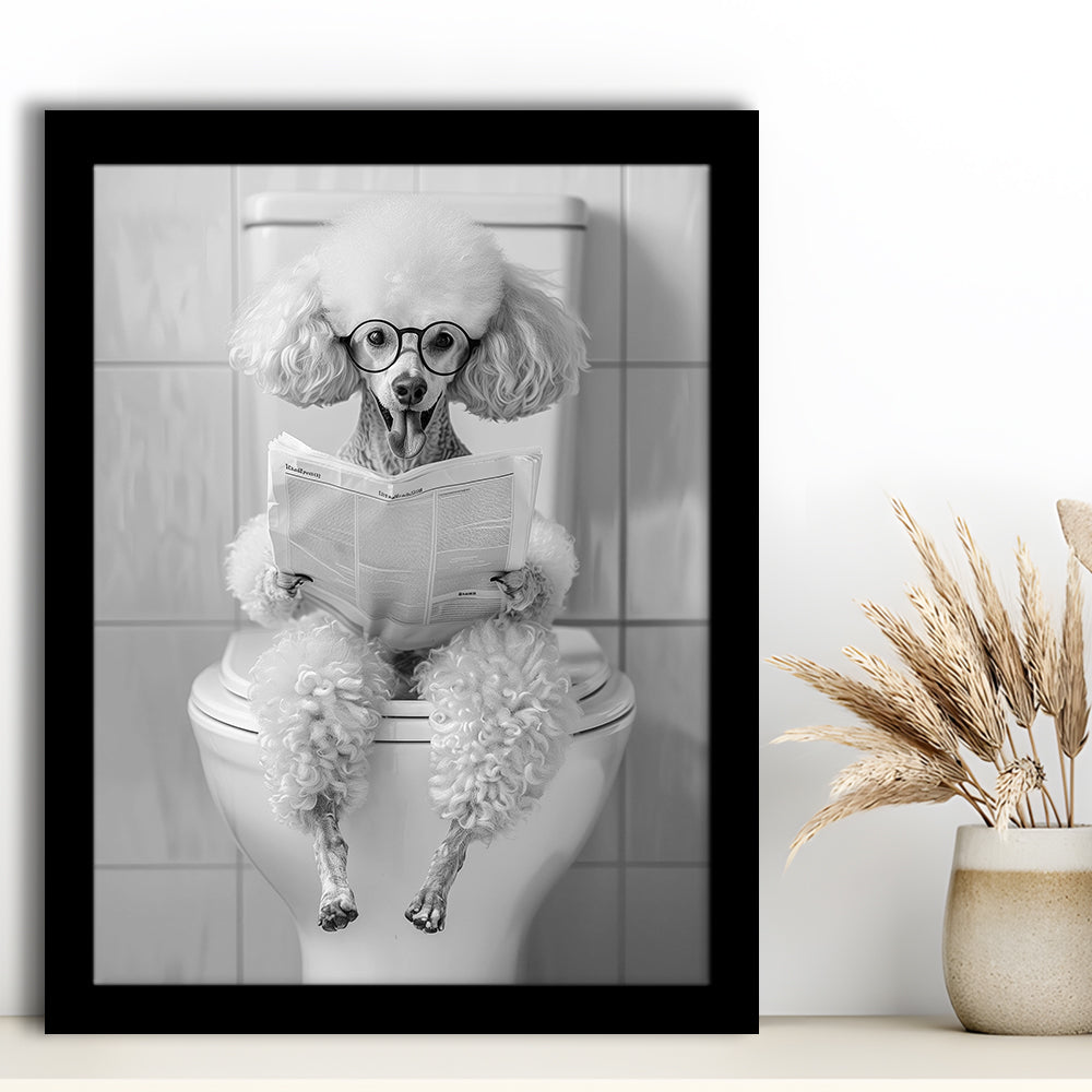 Poodle Sitting On Toilet Framed Art Print Wall Decor, Dog Reading Newspaper, Black and White, Pet Art, Bathroom Wall Decor