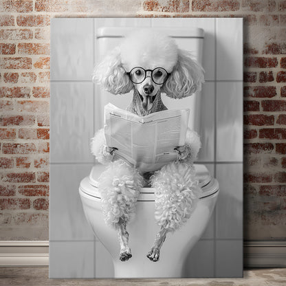Poodle Sitting On Toilet Canvas Print Wall Art, Dog Reading Newspaper, Black and White, Pet Art, Bathroom Wall Decor