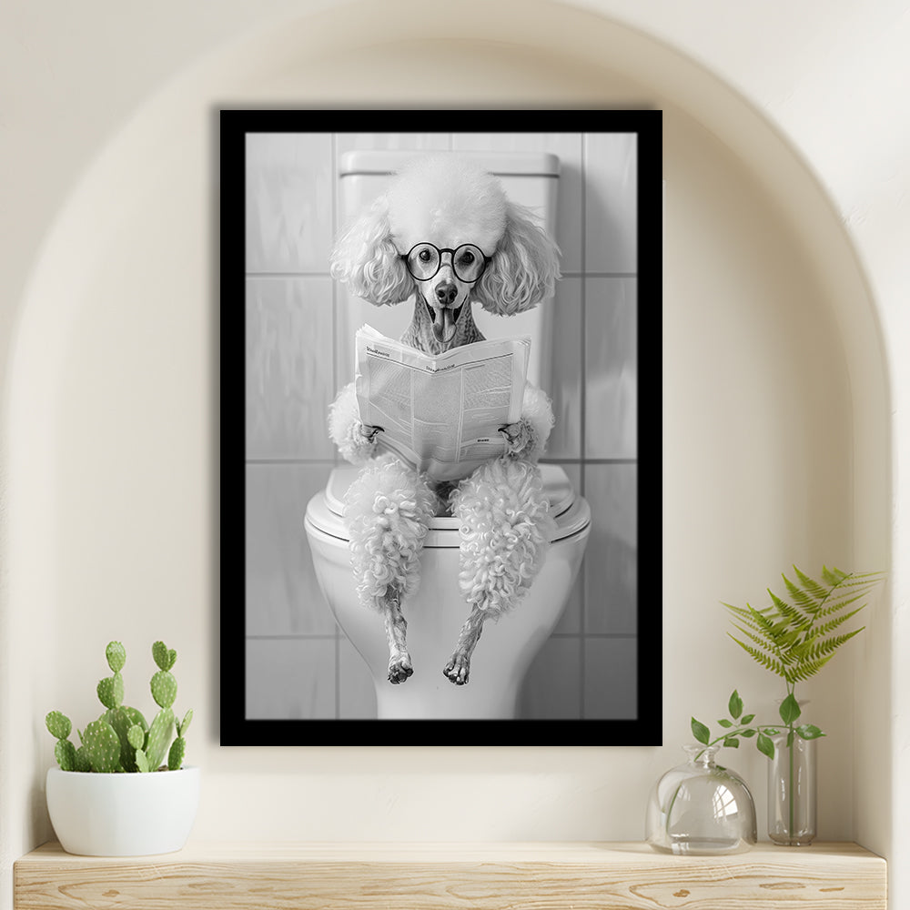 Poodle Sitting On Toilet Framed Art Print Wall Decor, Dog Reading Newspaper, Black and White, Pet Art, Bathroom Wall Decor