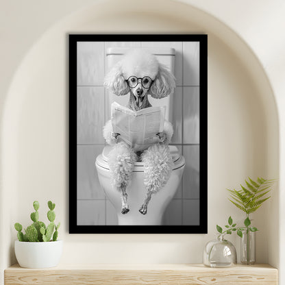 Poodle Sitting On Toilet Framed Art Print Wall Decor, Dog Reading Newspaper, Black and White, Pet Art, Bathroom Wall Decor