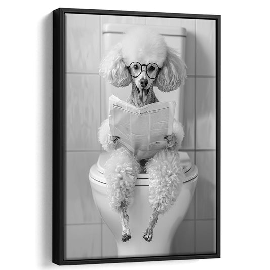 Poodle Sitting On Toilet Framed Canvas Print Wall Art, Dog Reading Newspaper, Black and White, Pet Art, Bathroom Wall Decor