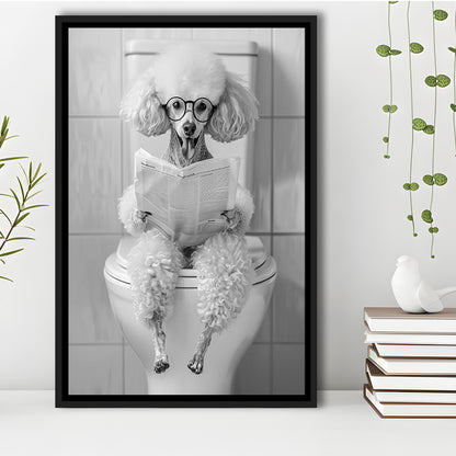 Poodle Sitting On Toilet Framed Canvas Print Wall Art, Dog Reading Newspaper, Black and White, Pet Art, Bathroom Wall Decor