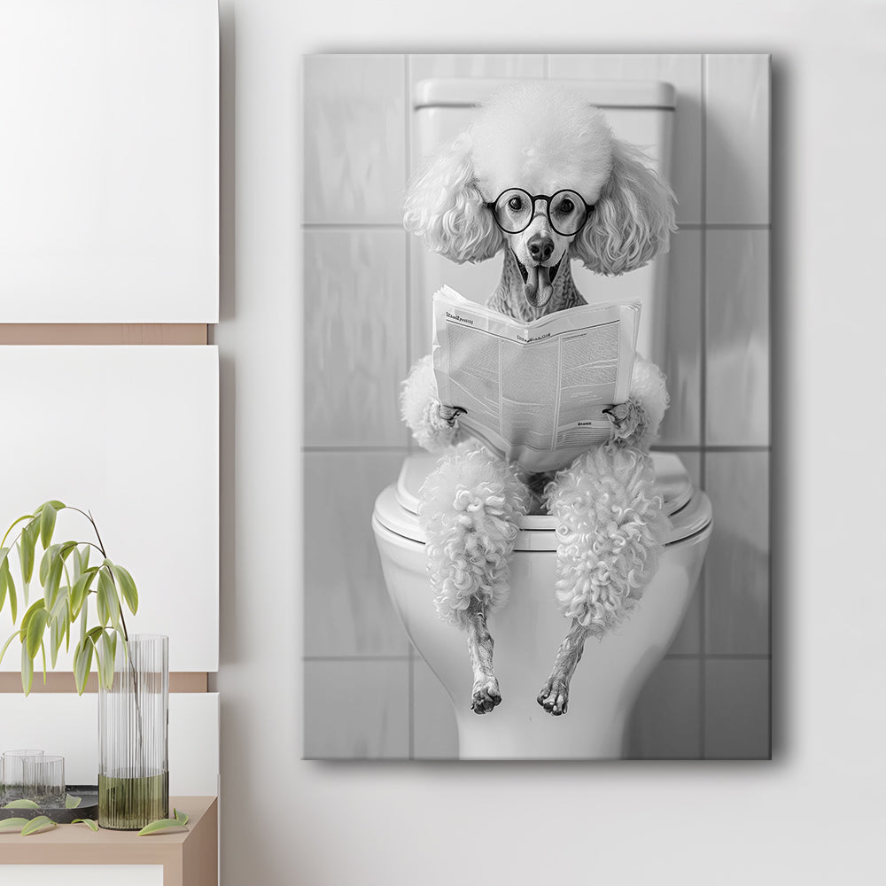 Poodle Sitting On Toilet Canvas Print Wall Art, Dog Reading Newspaper, Black and White, Pet Art, Bathroom Wall Decor