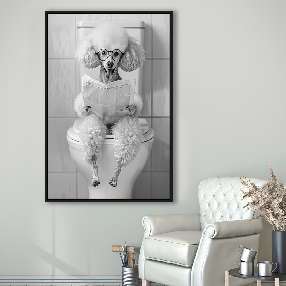 Poodle Sitting On Toilet Framed Canvas Print Wall Art, Dog Reading Newspaper, Black and White, Pet Art, Bathroom Wall Decor