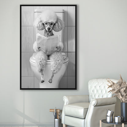 Poodle Sitting On Toilet Framed Canvas Print Wall Art, Dog Reading Newspaper, Black and White, Pet Art, Bathroom Wall Decor