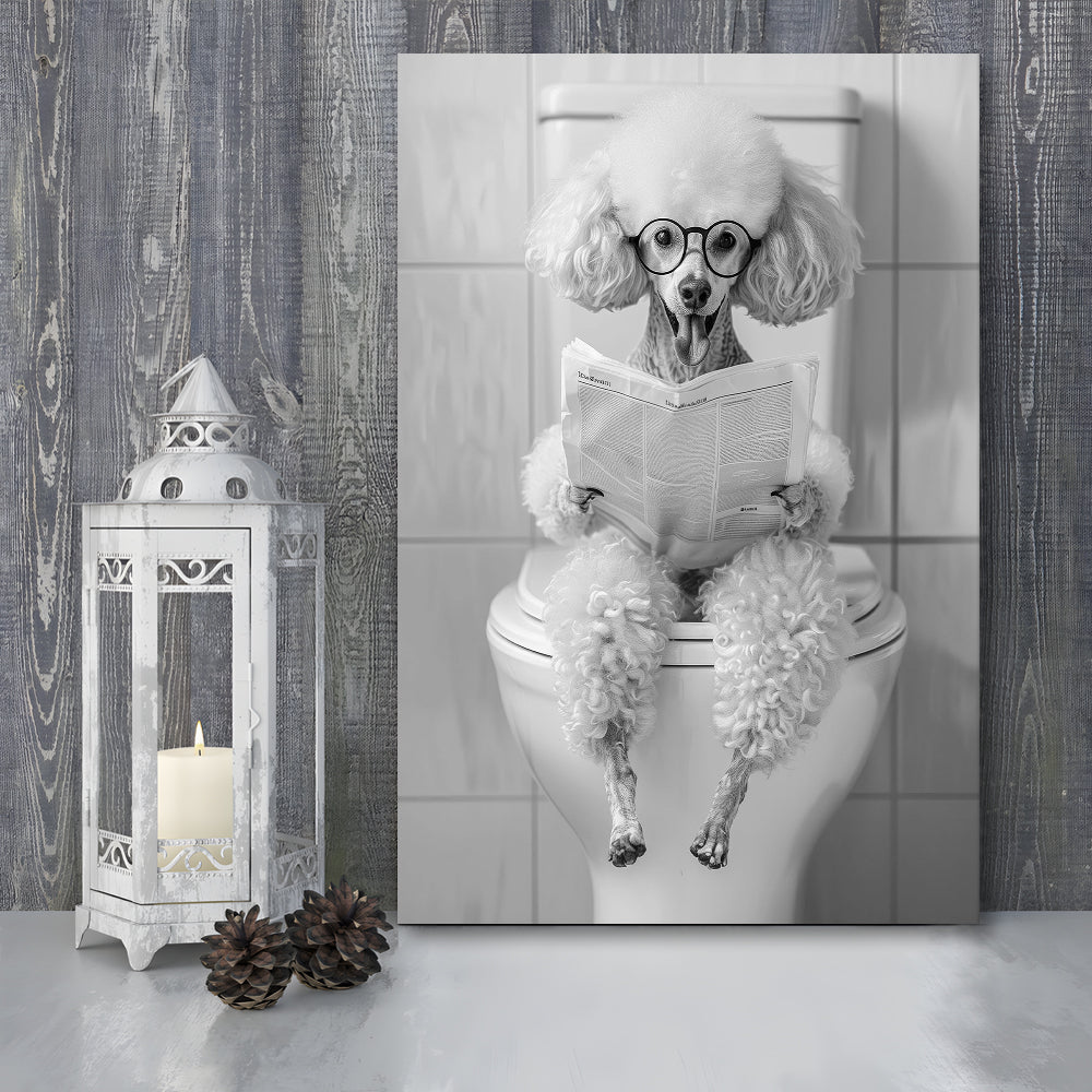 Poodle Sitting On Toilet Canvas Print Wall Art, Dog Reading Newspaper, Black and White, Pet Art, Bathroom Wall Decor