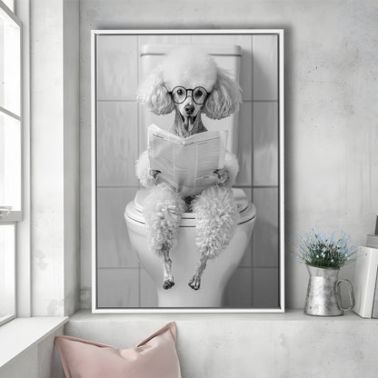 Poodle Sitting On Toilet Framed Canvas Print Wall Art, Dog Reading Newspaper, Black and White, Pet Art, Bathroom Wall Decor