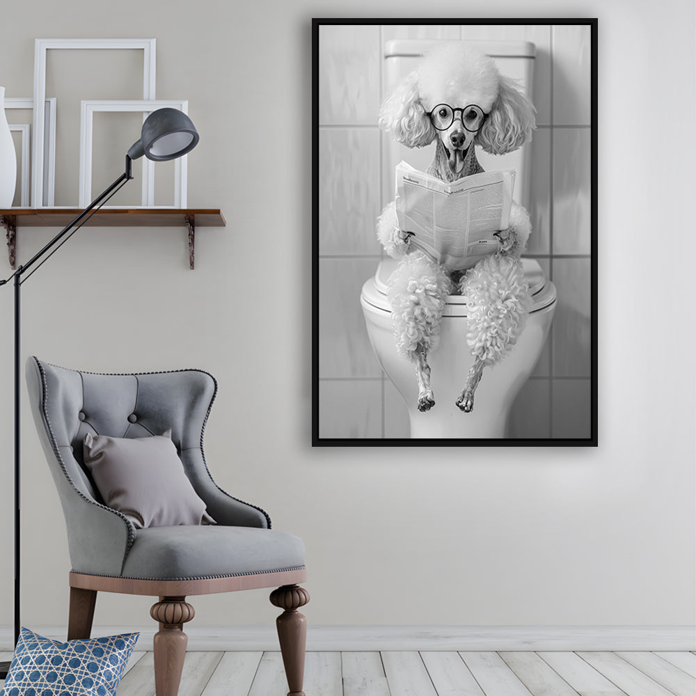 Poodle Sitting On Toilet Framed Canvas Print Wall Art, Dog Reading Newspaper, Black and White, Pet Art, Bathroom Wall Decor