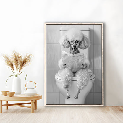 Poodle Sitting On Toilet Framed Canvas Print Wall Art, Dog Reading Newspaper, Black and White, Pet Art, Bathroom Wall Decor