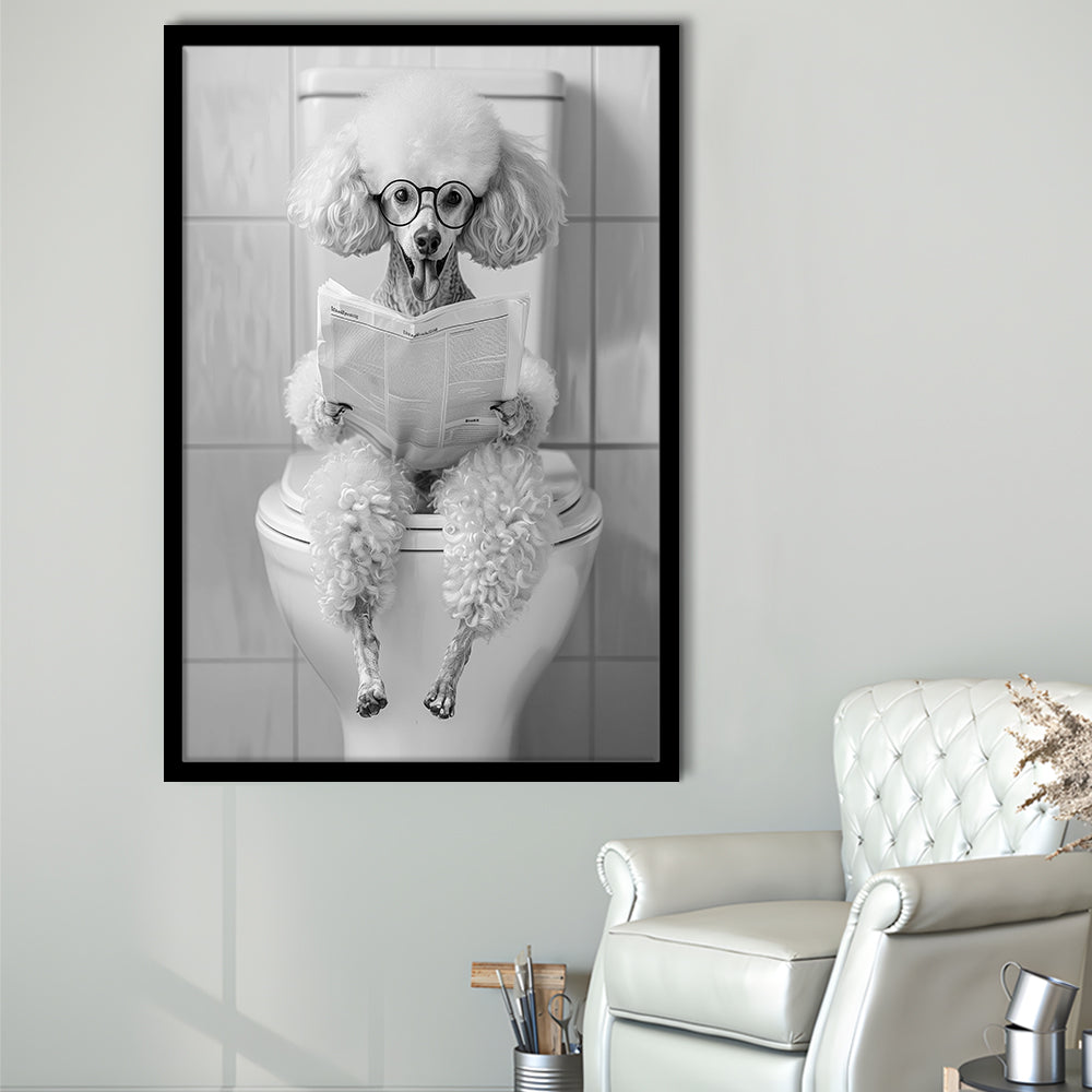 Poodle Sitting On Toilet Framed Art Print Wall Decor, Dog Reading Newspaper, Black and White, Pet Art, Bathroom Wall Decor
