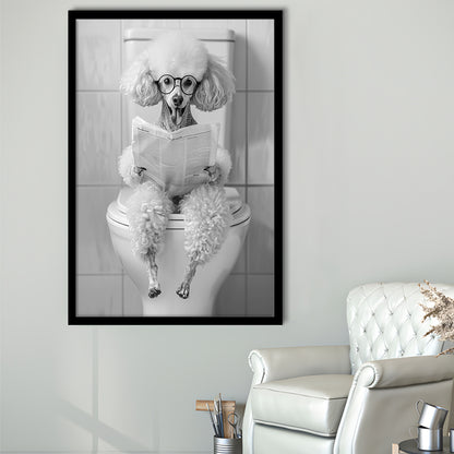 Poodle Sitting On Toilet Framed Art Print Wall Decor, Dog Reading Newspaper, Black and White, Pet Art, Bathroom Wall Decor