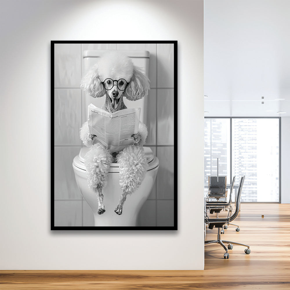 Poodle Sitting On Toilet Framed Art Print Wall Decor, Dog Reading Newspaper, Black and White, Pet Art, Bathroom Wall Decor