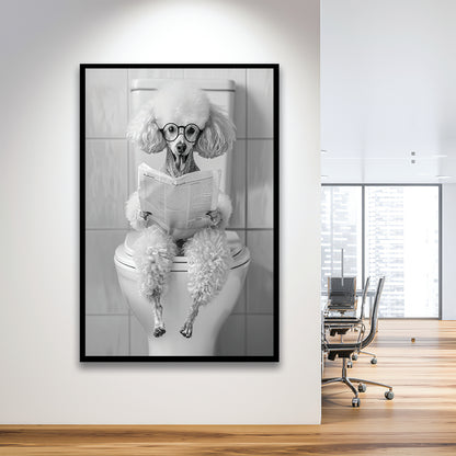 Poodle Sitting On Toilet Framed Art Print Wall Decor, Dog Reading Newspaper, Black and White, Pet Art, Bathroom Wall Decor