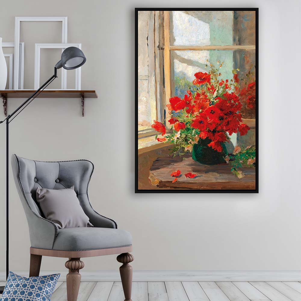 Poppies By A Window, Poppy Painting, Flower Art Print, Floral Still Life Print,Framed Canvas Print, Floating Frame