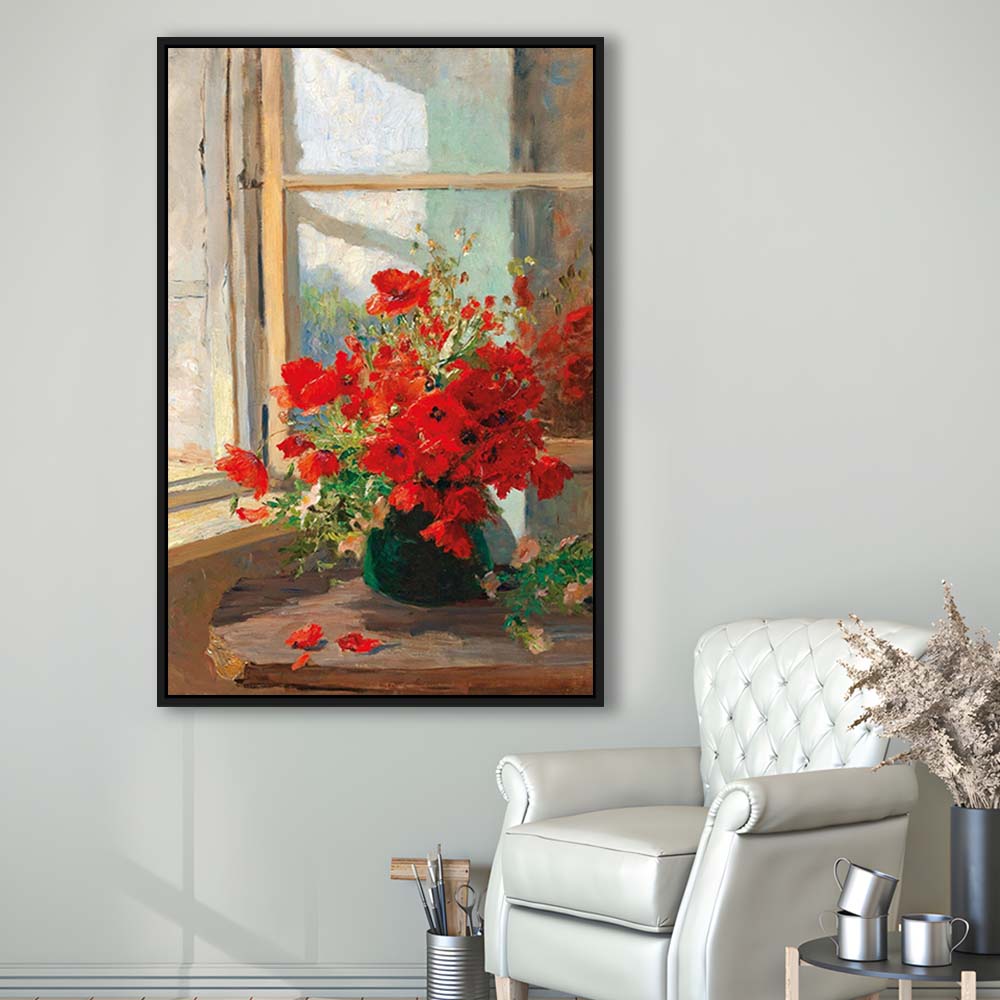 Poppies By A Window, Poppy Painting, Flower Art Print, Floral Still Life Print,Framed Canvas Print, Floating Frame