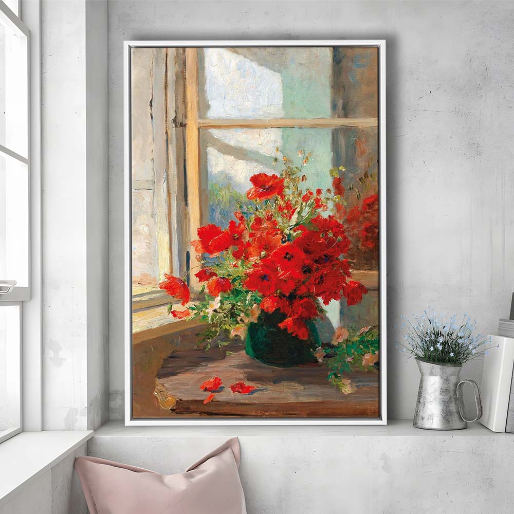 Poppies By A Window, Poppy Painting, Flower Art Print, Floral Still Life Print,Framed Canvas Print, Floating Frame
