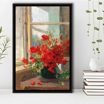 Poppies By A Window, Poppy Painting, Flower Art Print, Floral Still Life Print,Framed Canvas Print, Floating Frame