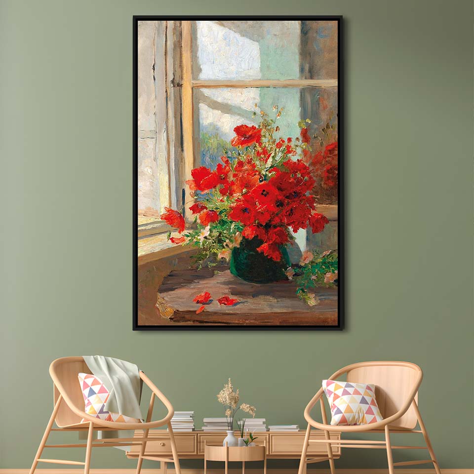 Poppies By A Window, Poppy Painting, Flower Art Print, Floral Still Life Print,Framed Canvas Print, Floating Frame