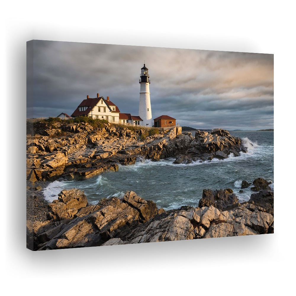 Portland Maine Lighthouse at sunrise Large Stretched Canvas, Cavas Print Wall Art Hom Decor