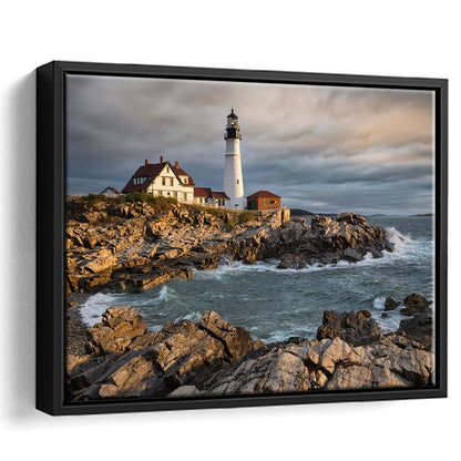Portland Maine Lighthouse At Sunrise Large Stretched Canvas, Framed Cavas Print, Floating Frame