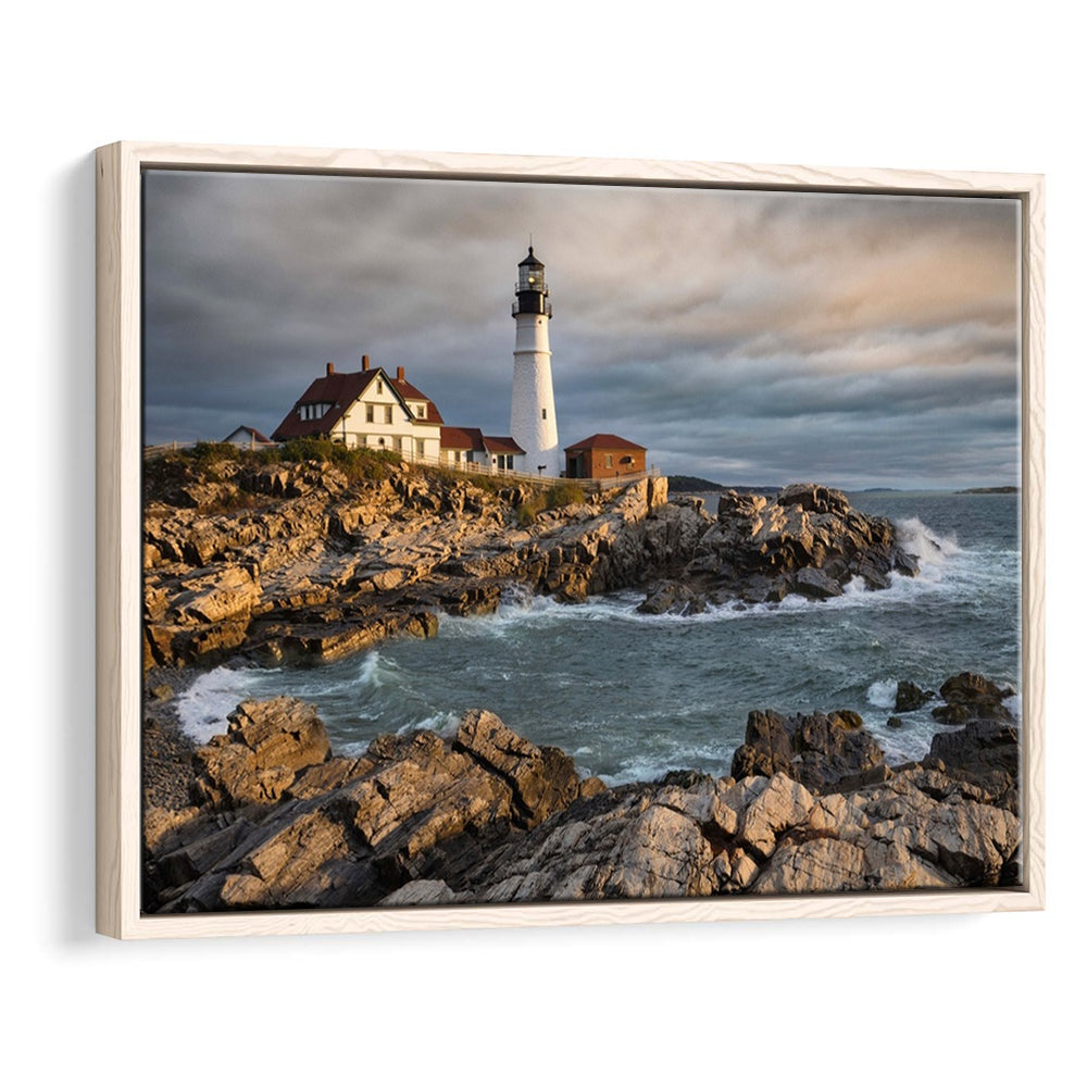Portland Maine Lighthouse At Sunrise Large Stretched Canvas, Framed Cavas Print, Floating Frame