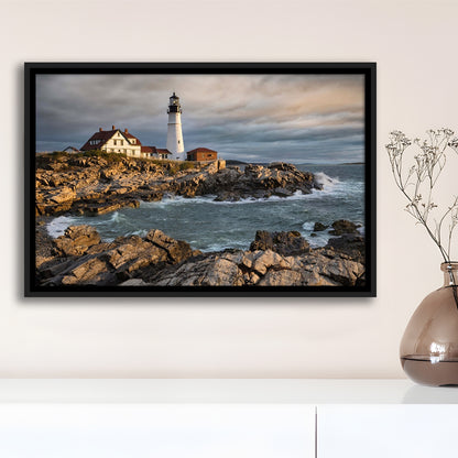 Portland Maine Lighthouse At Sunrise Large Stretched Canvas, Framed Cavas Print, Floating Frame