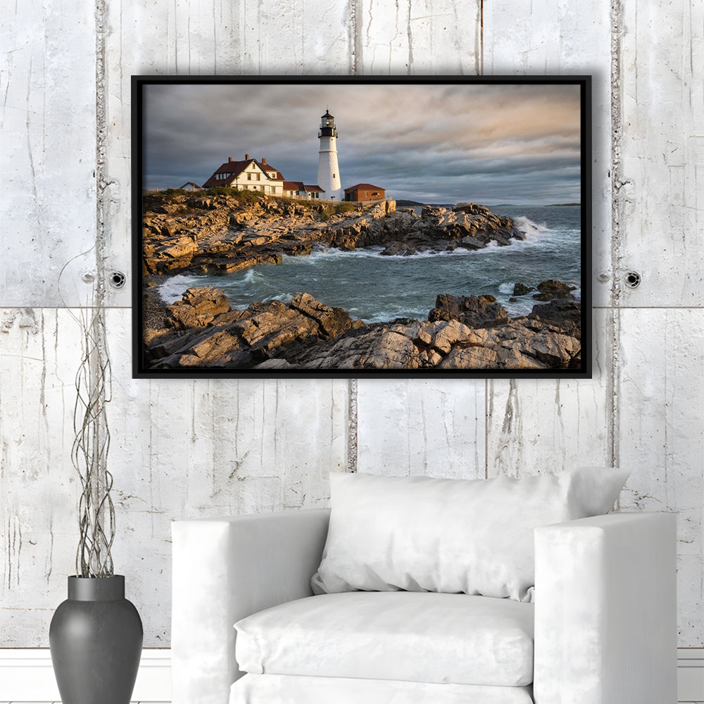 Portland Maine Lighthouse At Sunrise Large Stretched Canvas, Framed Cavas Print, Floating Frame