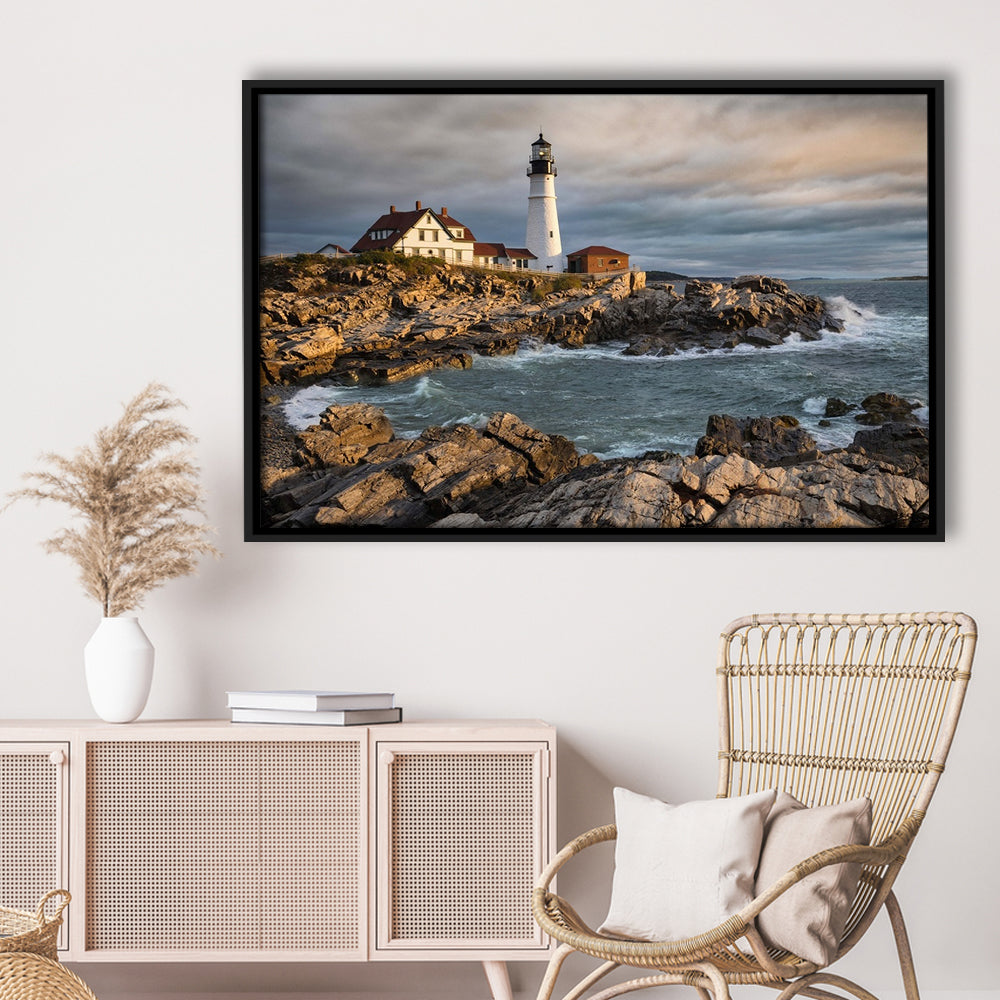 Portland Maine Lighthouse At Sunrise Large Stretched Canvas, Framed Cavas Print, Floating Frame