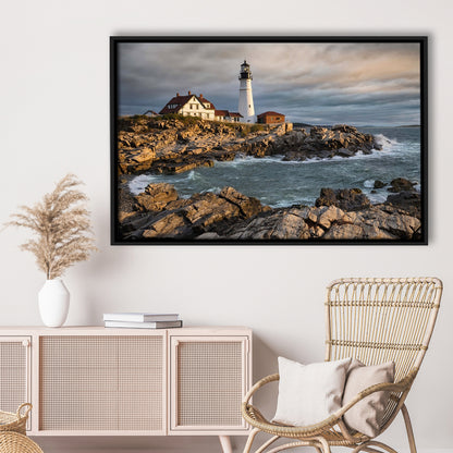 Portland Maine Lighthouse At Sunrise Large Stretched Canvas, Framed Cavas Print, Floating Frame